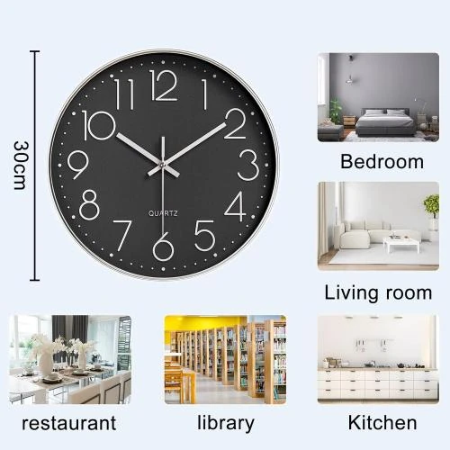 Zoom sur Horloge Murale Moderne Quartz Silencieuse, Noir Argenté