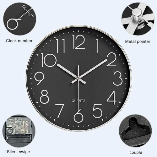 Détail de Horloge Murale Moderne Quartz Silencieuse, Noir Argenté