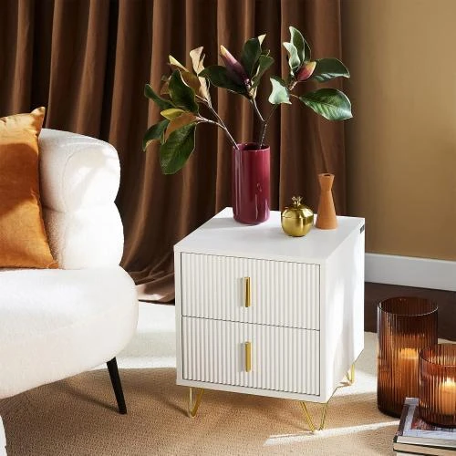 Zoom sur Table de Chevet Blanche SoBuy, 2 Tiroirs, Design Moderne