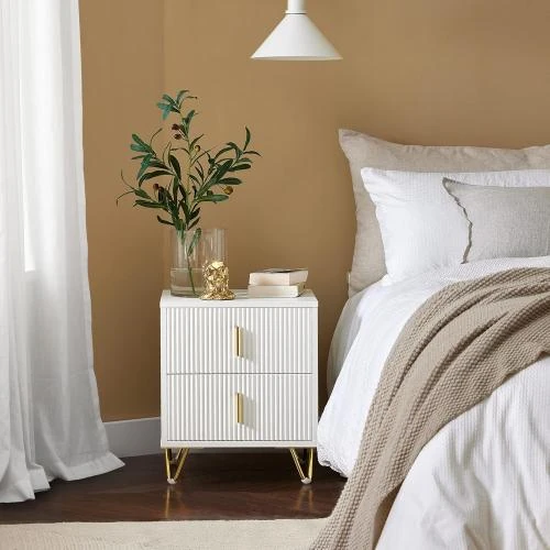 Détail de Table de Chevet Blanche SoBuy, 2 Tiroirs, Design Moderne