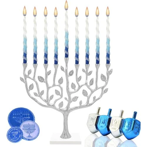 Zoom sur Bougies torsadées luxe bleu, blanc, Menorah Hanoukka