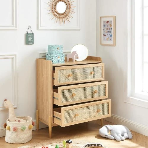 Détail de Commode Enfant Pablo, Effet Chêne, Cannage Rotin