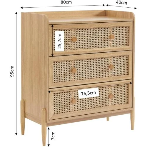 Zoom sur Commode Enfant Pablo, Effet Chêne, Cannage Rotin