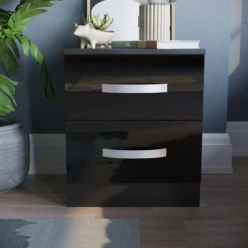 Zoom sur Table de nuit Movian brillante, 2 tiroirs, noir