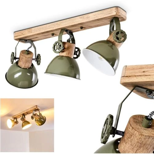 Plafonnier Hofstein bois, métal vert, 3 spots orientables - Vue principale