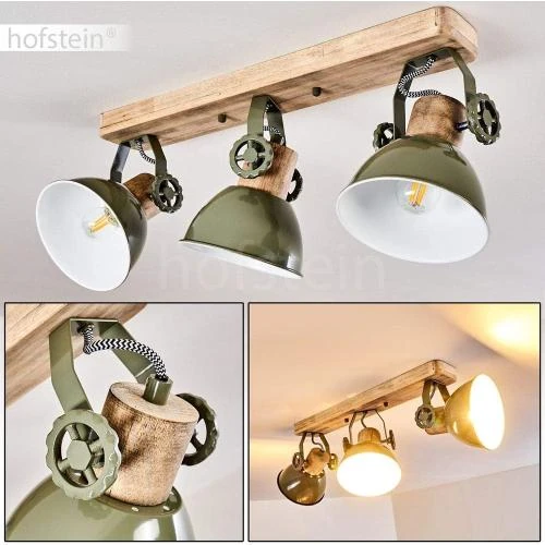 Détail de Plafonnier Hofstein bois, métal vert, 3 spots orientables