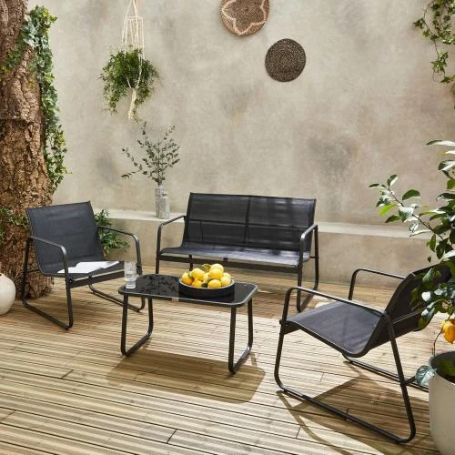 Zoom sur Salon de Jardin Alice 39 S Garden, Métal, Textilène, Noir