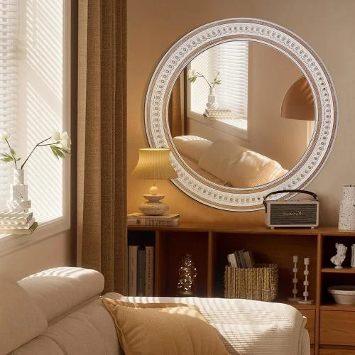Détail de Miroir mural rond bois style bohème, décoratif rustique