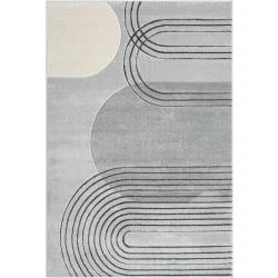 Tapis salon poils courts gris, style bohème moderne en situation