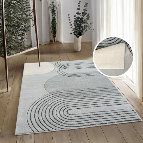 Zoom sur Tapis salon poils courts gris, style bohème moderne