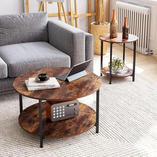 Détail de Tables Basses Rondes en Bois Vintage Fevarbord Marron, Noir