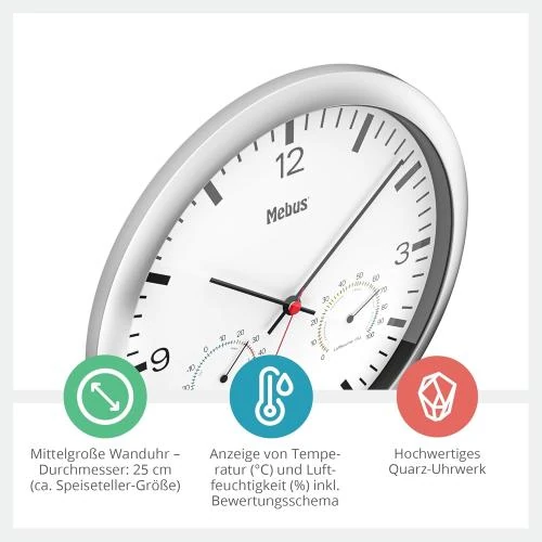 Détail de Horloge murale Mebus Quartz, Thermomètre, Hygromètre, Argent
