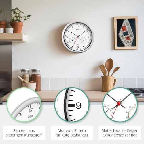 Zoom sur Horloge murale Mebus Quartz, Thermomètre, Hygromètre, Argent