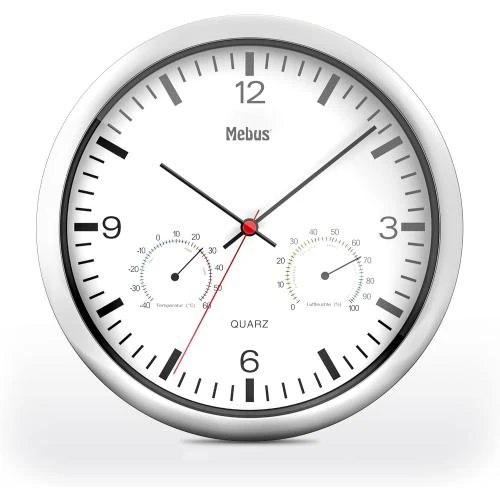 Horloge murale Mebus Quartz, Thermomètre, Hygromètre, Argent - Vue principale