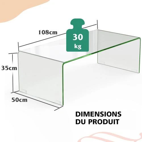 Zoom sur Table Basse Rectangulaire Verre Trempé, Design Moderne