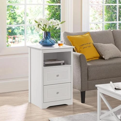 Détail de Yaheetech Table de Chevet Blanche, Bois, 2 Tiroirs, Compartiment
