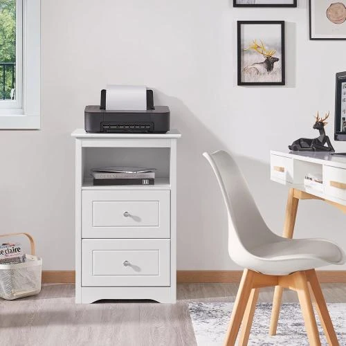 Zoom sur Yaheetech Table de Chevet Blanche, Bois, 2 Tiroirs, Compartiment
