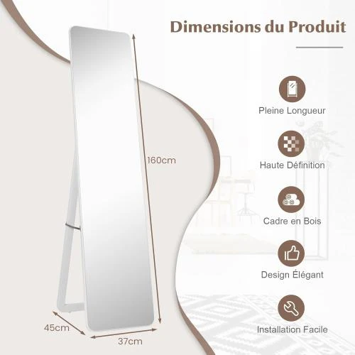 Zoom sur Miroir sur Pied Rectangulaire Blanc, Style Contemporain