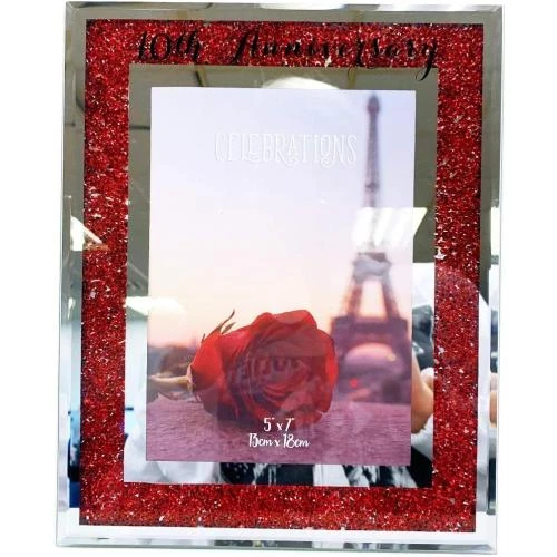 Zoom sur Cadre photo anniversaire mariage, miroir rubis, strass rouge