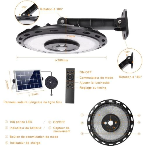 Détail de Lampes Solaires Extérieures 108 LED, Détecteur Mouvement, IP65