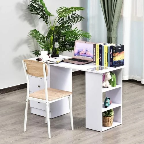 Détail de Bureau informatique HOMCOM, blanc, multi-rangements, 3 tiroirs