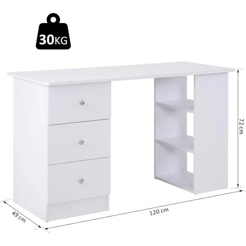 Zoom sur Bureau informatique HOMCOM, blanc, multi-rangements, 3 tiroirs