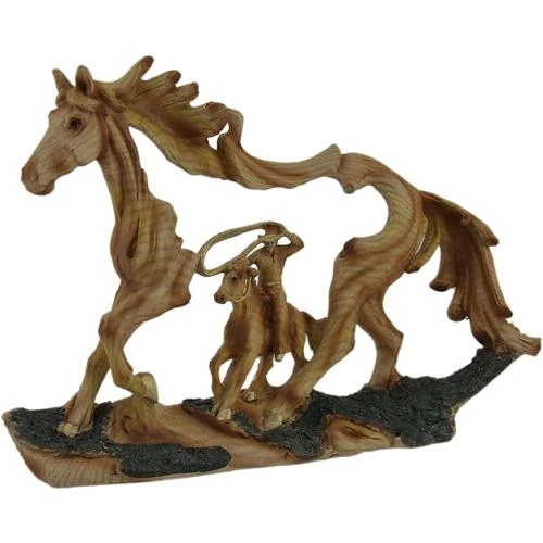 Statue décorative cowboy, cheval, bois, Zeckos - Vue principale