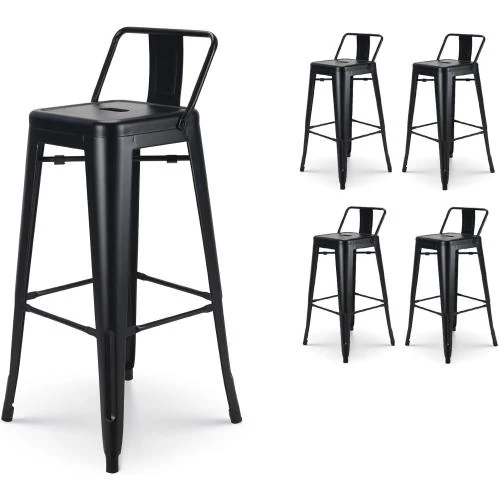 Lot 4 Tabourets Bar Métal Noir Mat Dossier - Vue principale