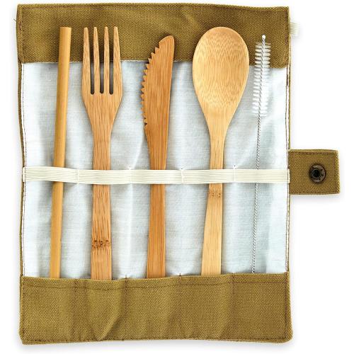 Présentation de Présentation Couverts en bambou écologiques, réutilisables, sac lin