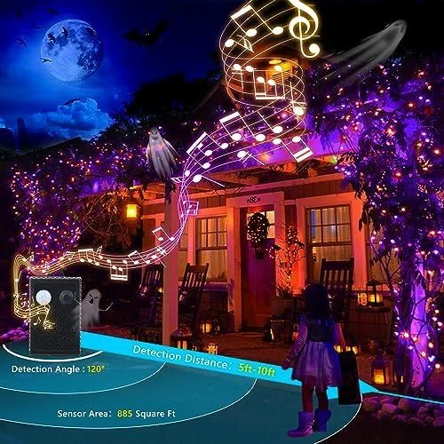 Zoom sur Guirlande Lumineuse Halloween, Décoration Extérieure Éclatante, LED Orange Violet