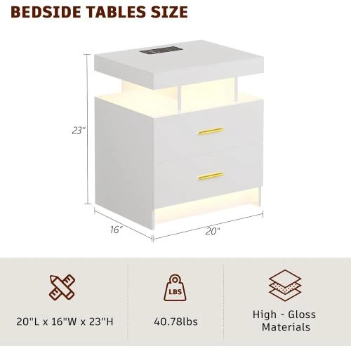 Détail de Table de nuit LED blanche, charge sans fil, 2 tiroirs