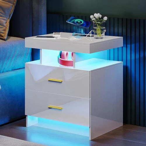 Table de nuit LED blanche, charge sans fil, 2 tiroirs - Vue principale