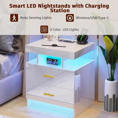 Zoom sur Table de nuit LED blanche, charge sans fil, 2 tiroirs