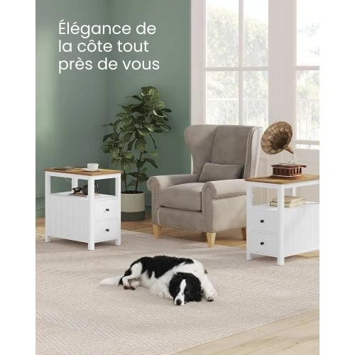 Zoom sur VASAGLE Table d'Appoint, Multiprise, 2 Tiroirs, Marron Chêne