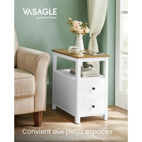 Détail de VASAGLE Table d'Appoint, Multiprise, 2 Tiroirs, Marron Chêne