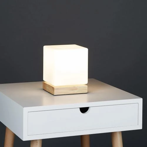 Détail de Lampe Table Relaxdays, Bois Verre Opale, Blanc Brun