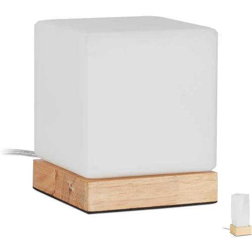Lampe Table Relaxdays, Bois Verre Opale, Blanc Brun - Vue principale