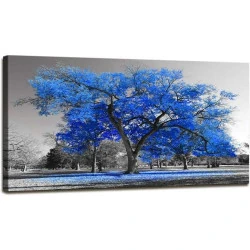 Art mural contemporain, peinture arbre noir blanc, paysage bleu