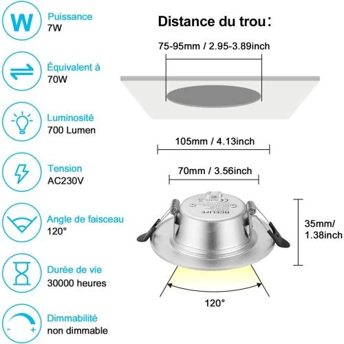 Détail de ACELIFE Spot LED Encastrable Extra Plat, Blanc Neutre