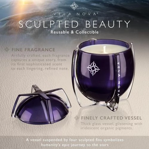 Zoom sur Bougies décoratives luxe, parfum VELA NOVA, horizons cosmiques