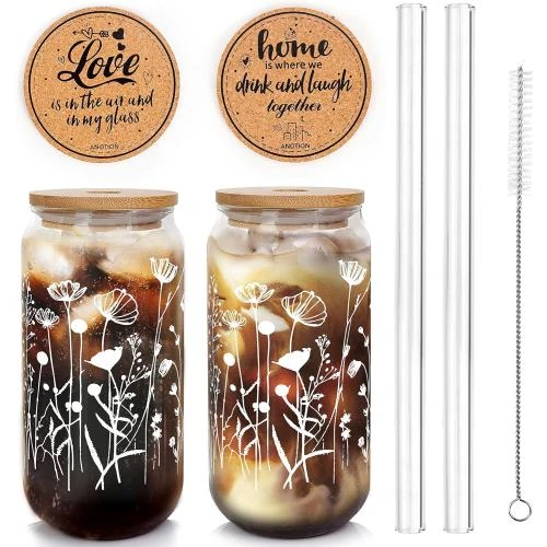 Tasses en verre ANOTION, canette bière, couvercles, pailles - Vue principale