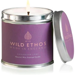 Bougie parfumée éthos naturels, étain, géranium, artisanale