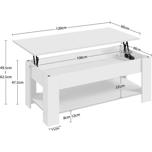 Zoom sur Table basse relevable moderne, rangement intégré, blanc