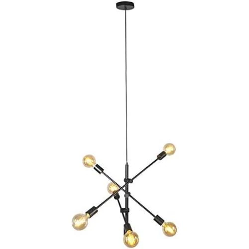 Zoom sur Suspension luminaire noir rustique 6 lumières éclairage intérieur salon cuisine salle à manger