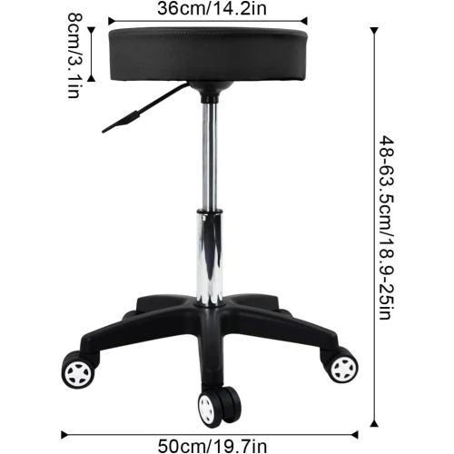 Zoom sur Tabouret Roulant Noir, Chaise de Travail Pivotante, Bureau