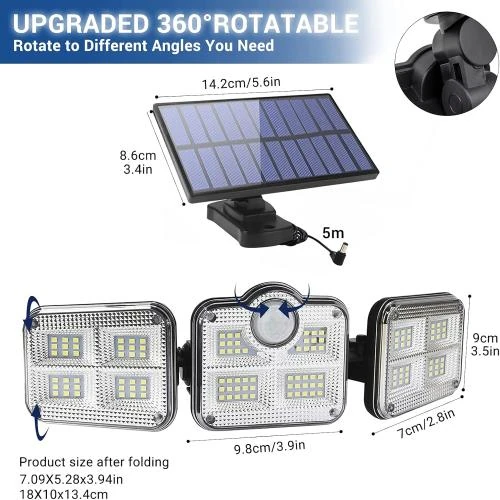 Détail de Applique Murale Solaire LED 3 Têtes, Détecteur Mouvement, Étanche