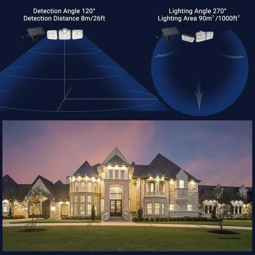 Zoom sur Applique Murale Solaire LED 3 Têtes, Détecteur Mouvement, Étanche