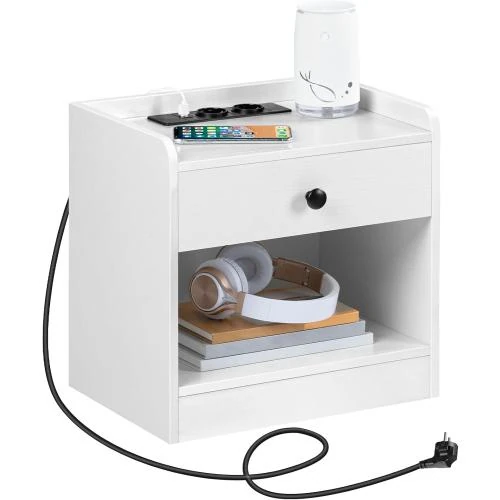 Table de Chevet HOOBRO, Charge USB, Tiroirs, Blanc - Vue principale