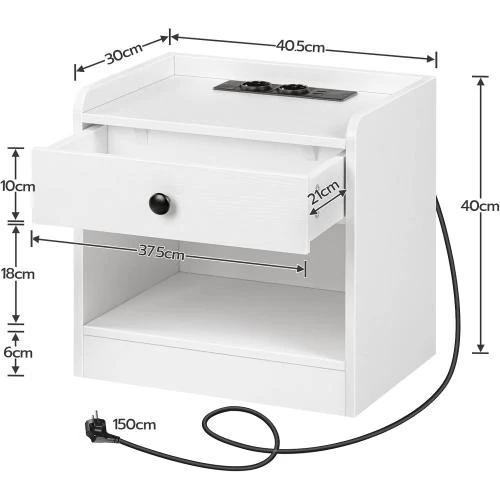 Zoom sur Table de Chevet HOOBRO, Charge USB, Tiroirs, Blanc