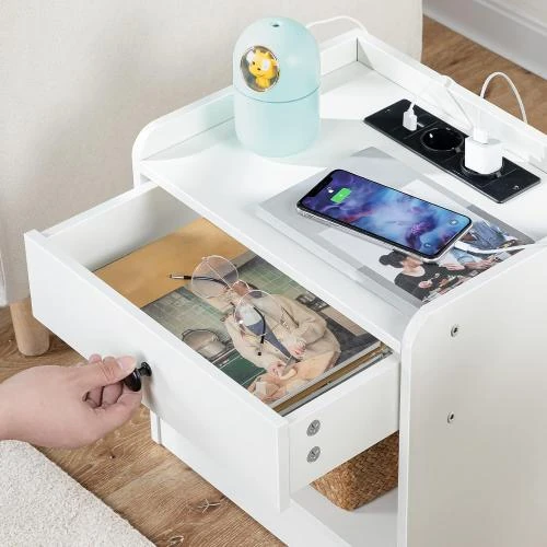 Détail de Table de Chevet HOOBRO, Charge USB, Tiroirs, Blanc